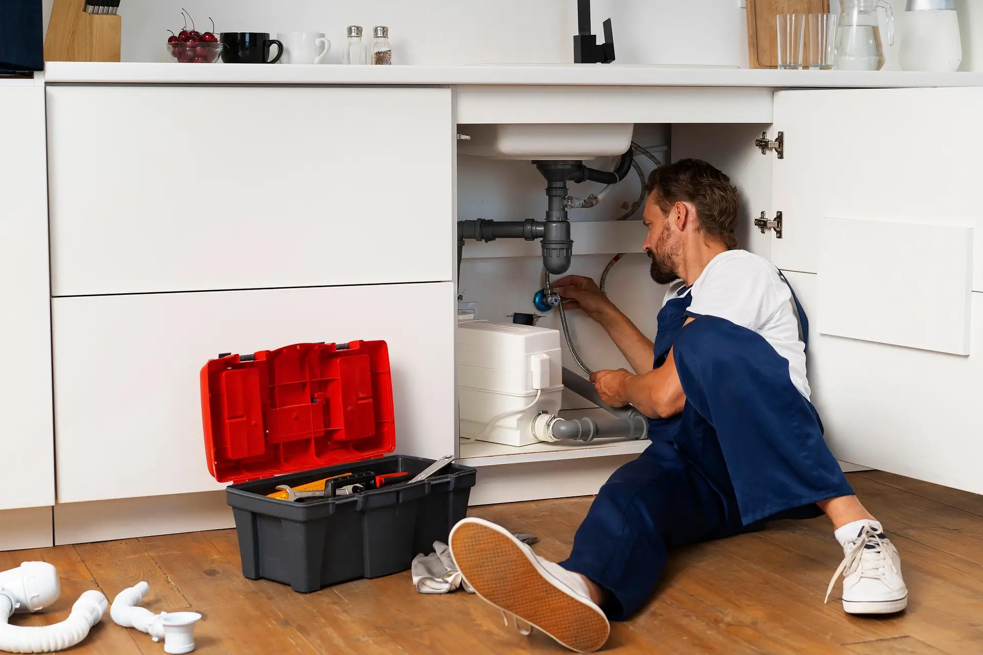 Water leakage repair technician fixing pipe in Dubai apartment