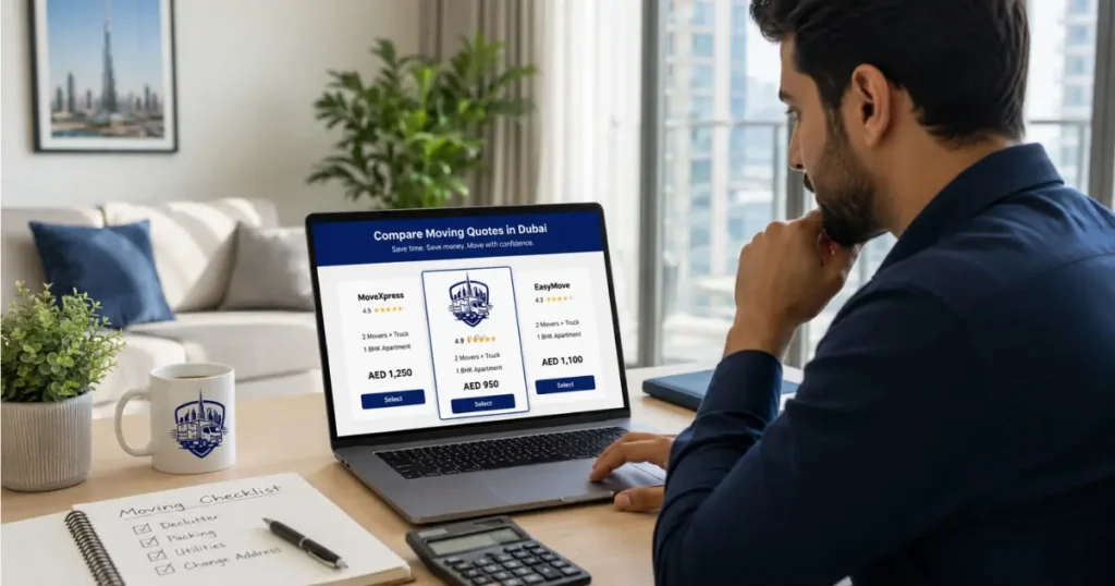Dubai resident comparing movers and packers quotes online to get the best price