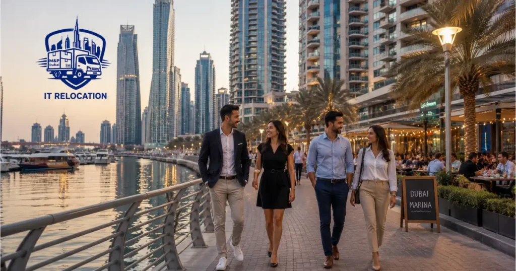 Young professionals enjoying Dubai Marina waterfront lifestyle