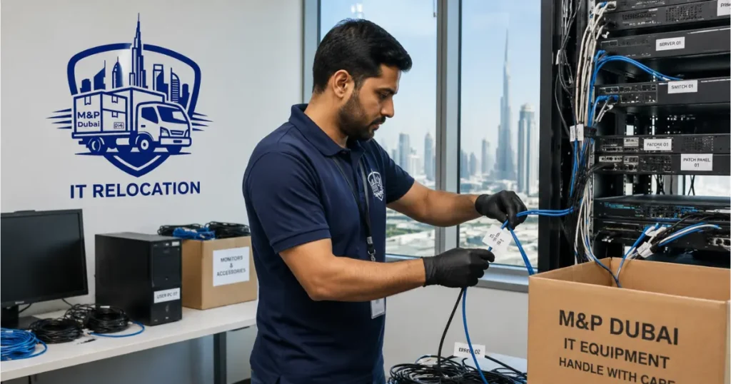 IT technician carefully disconnecting and labelling server equipment during office relocation in Dubai