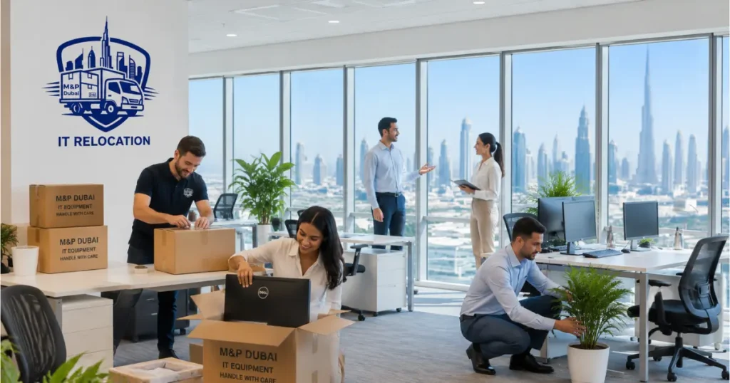Business team settling into new office space in Dubai after successful office relocation