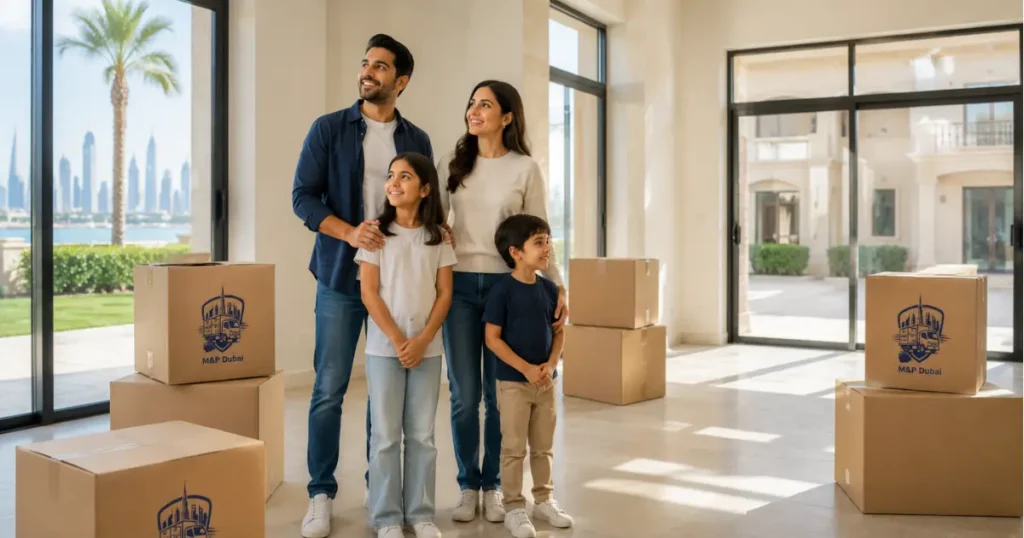 Family settling into new villa in Dubai after a successful move