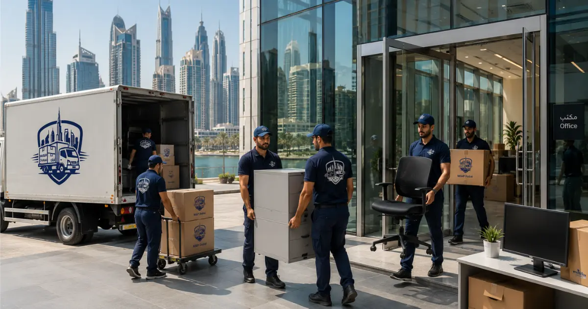 Professional office relocation team moving furniture and equipment in a Dubai corporate office