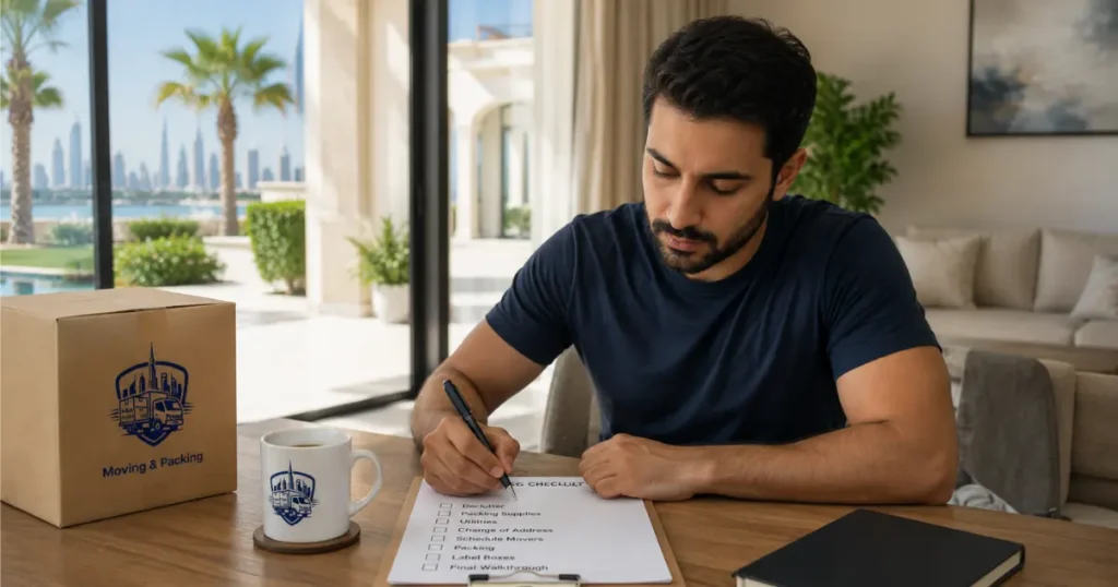 Dubai villa resident preparing a moving checklist four weeks before moving day