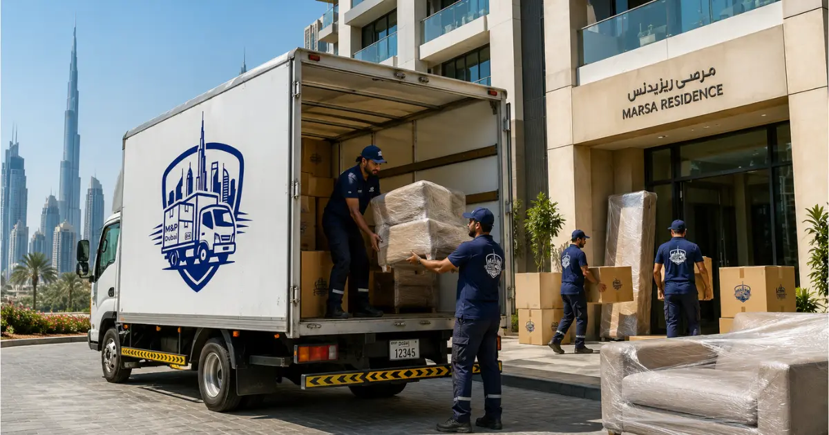 Movers and packers in Dubai loading furniture and boxes into a moving truck near a residential building