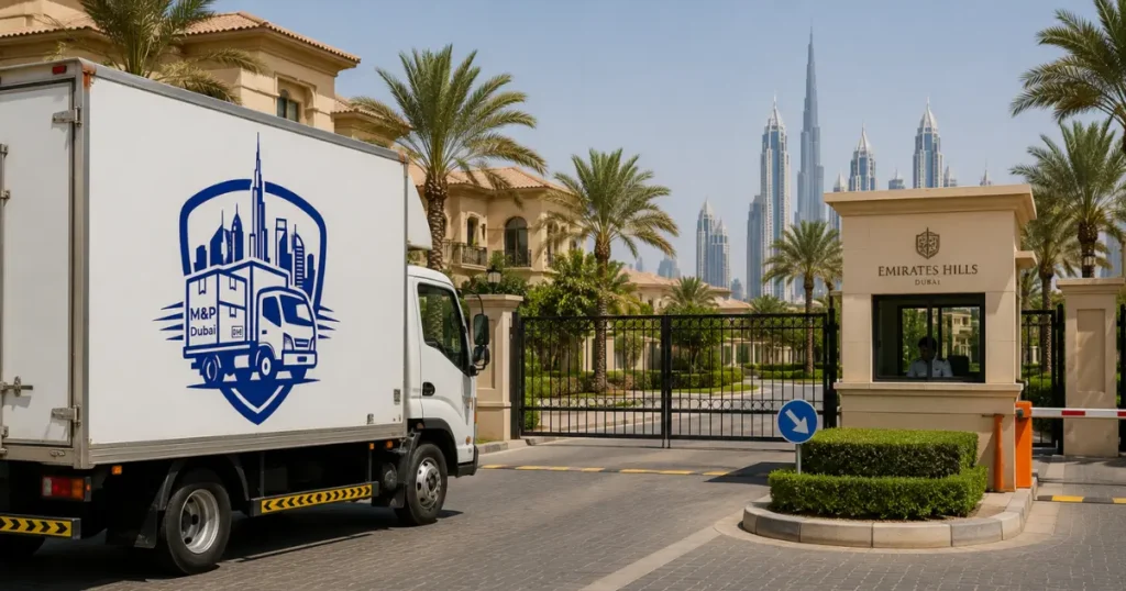Moving truck entering Emirates Hills gated community in Dubai with Burj Khalifa in background