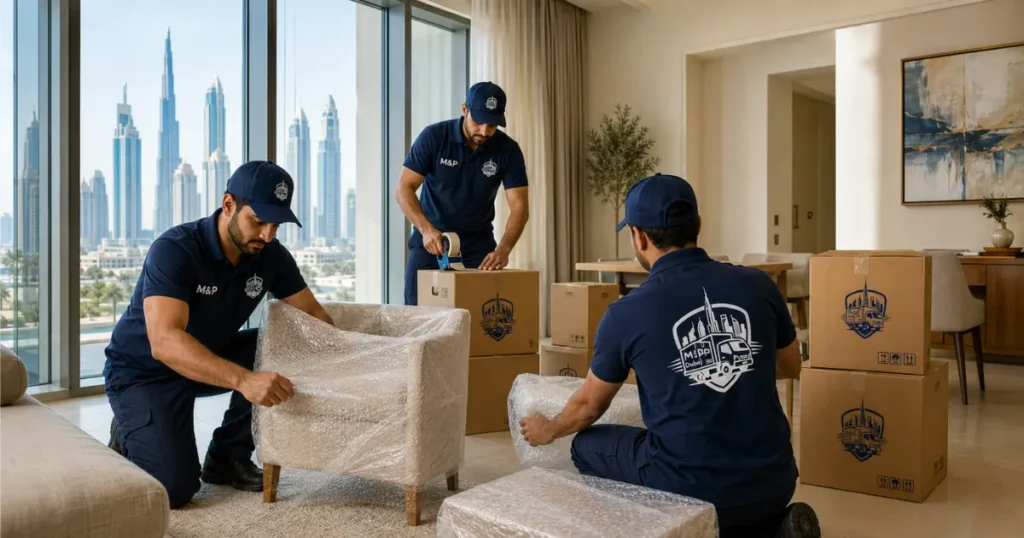 Professional movers packing furniture and boxes in a Dubai apartment