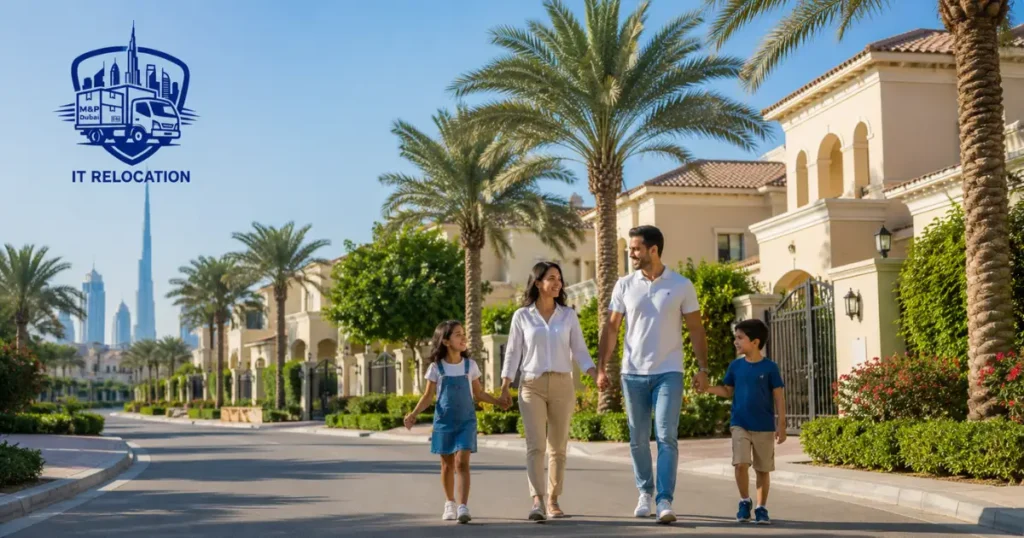 Happy family walking through a gated villa community in Dubai