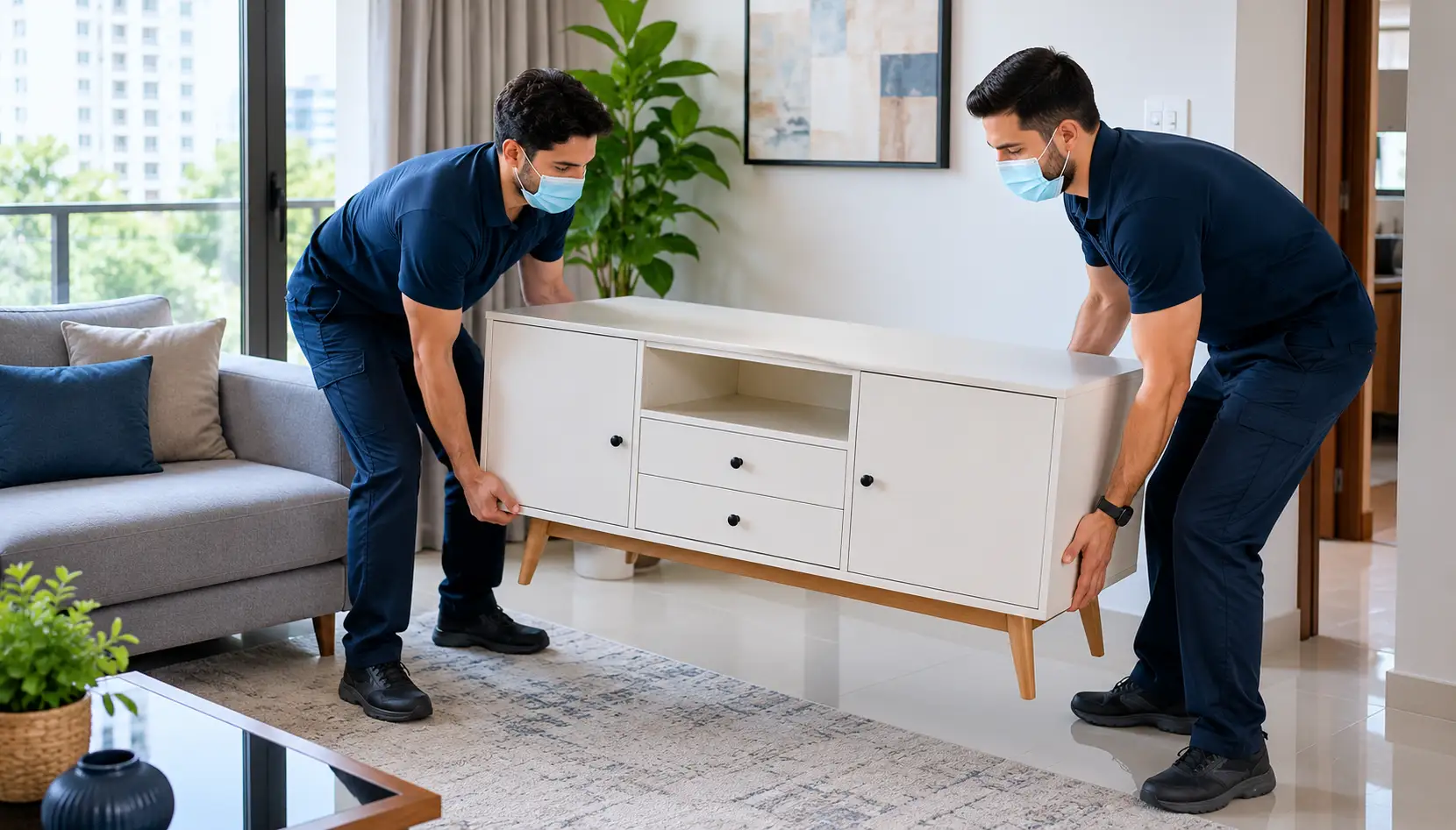 Movers placing furniture cabinet in Dubai residential move