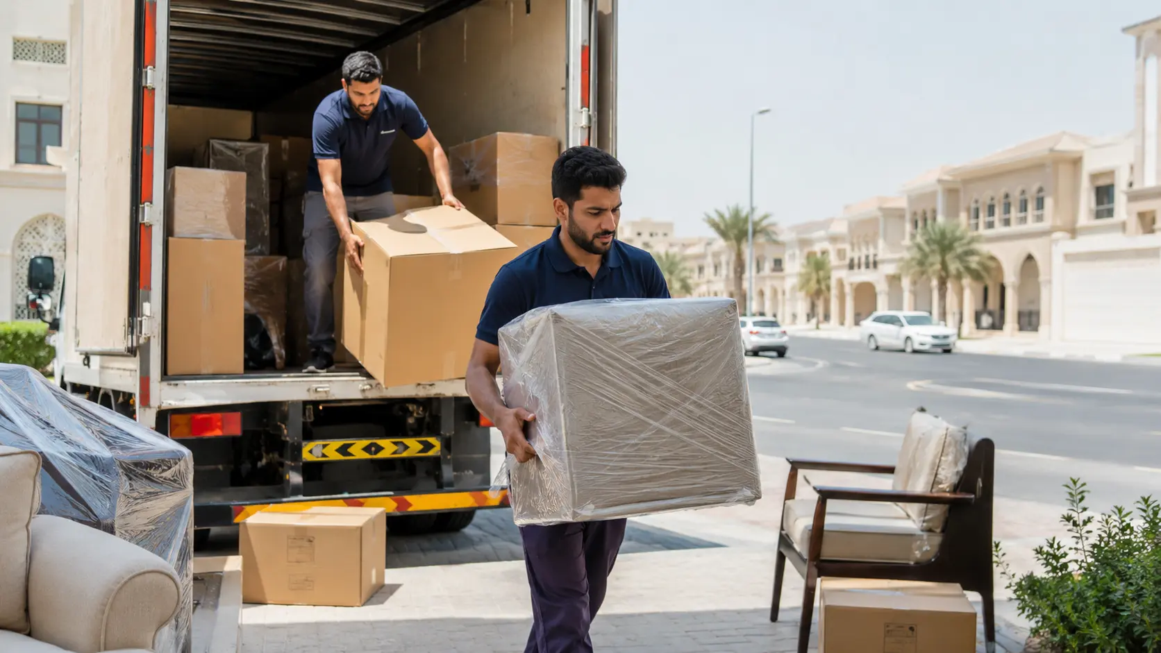 Movers unloading furniture at destination during inter-emirate move UAE