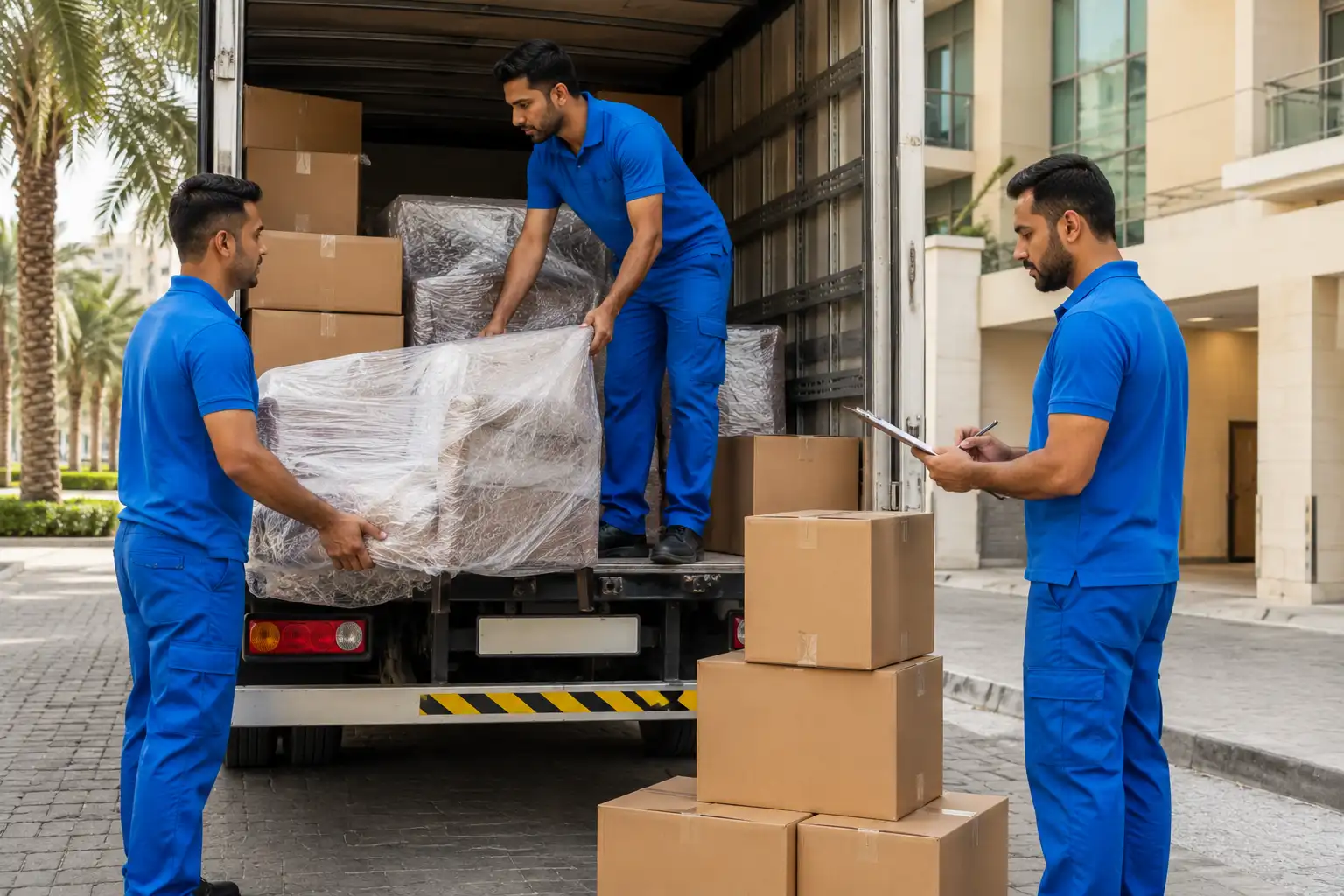 Professional moving crew loading and checking inventory during a move in Dubai