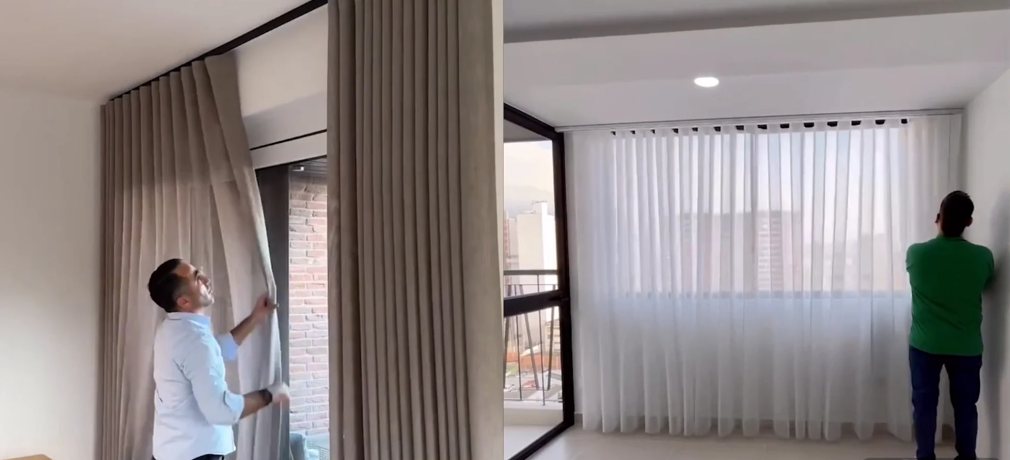 Technician installing floor-to-ceiling curtains on a ceiling track in a Dubai apartment