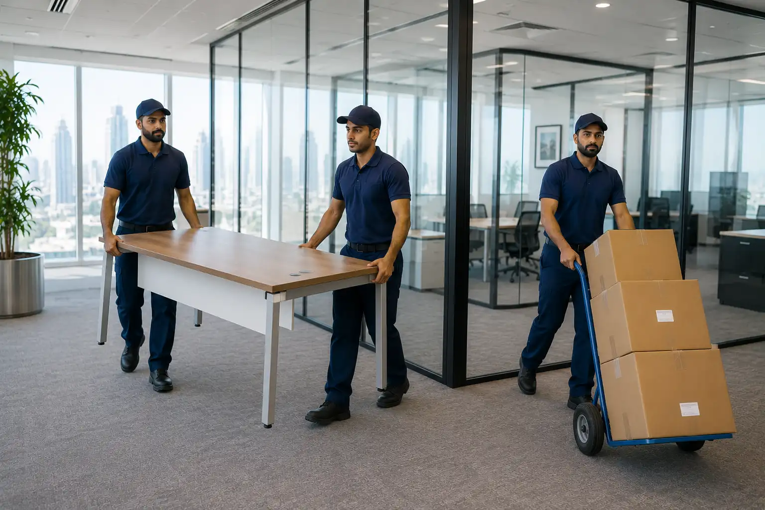 Office relocation team moving furniture in a Dubai business