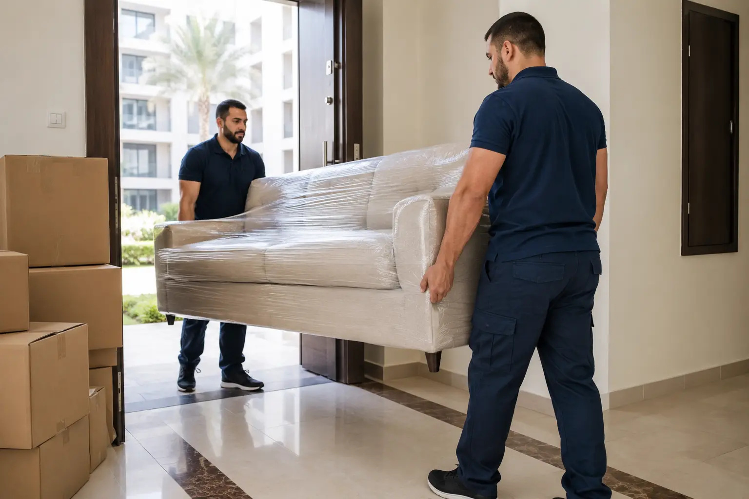 Residential movers carrying furniture into a Dubai apartment