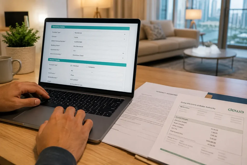 Filling out a DEWA electricity and water transfer application online in Dubai