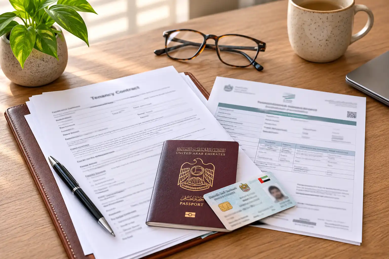 Tenancy contract, Ejari certificate, Emirates ID, and passport laid out for a Dubai house move