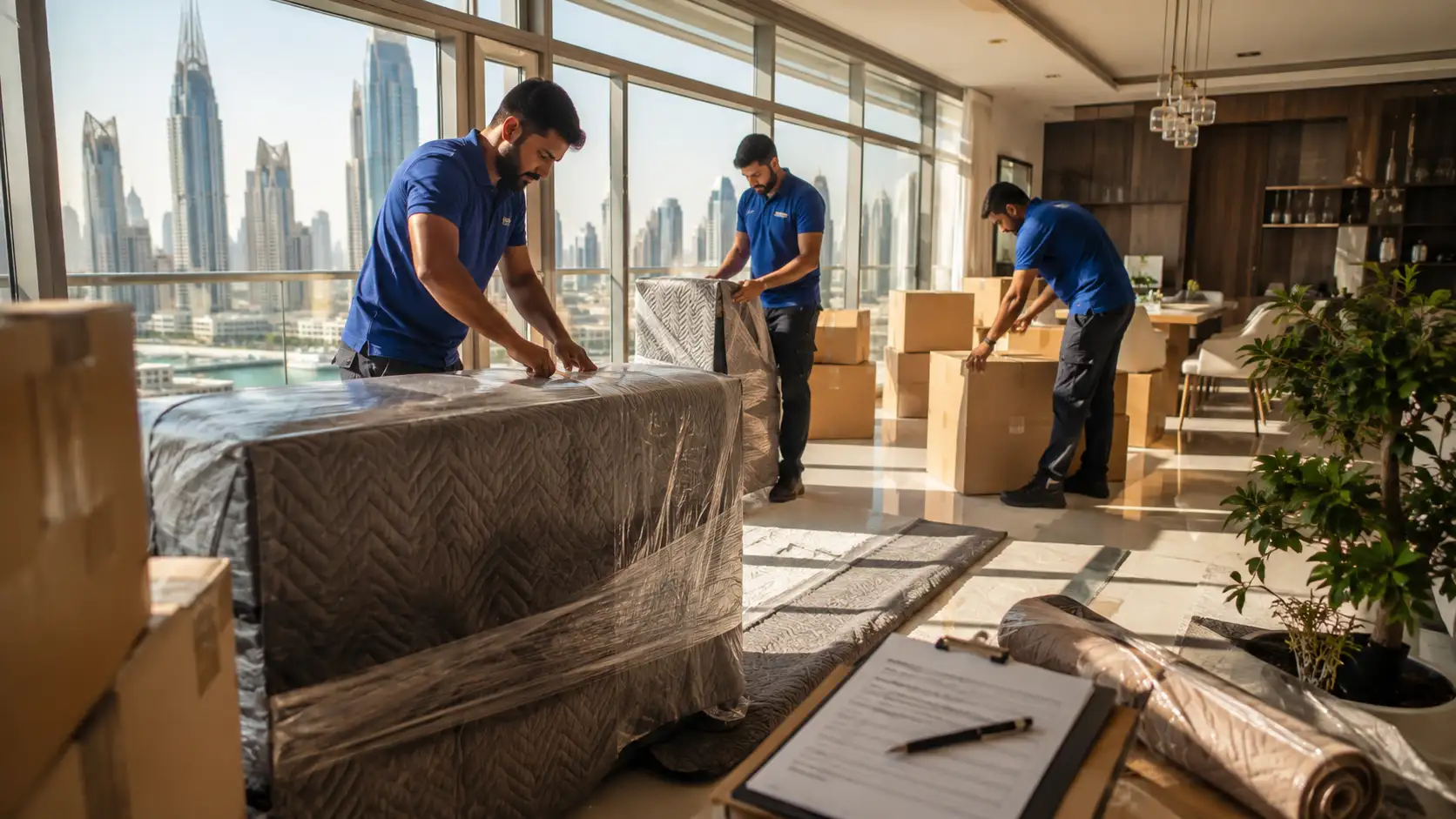 Professional movers wrapping furniture in a Dubai apartment with the city skyline in the background