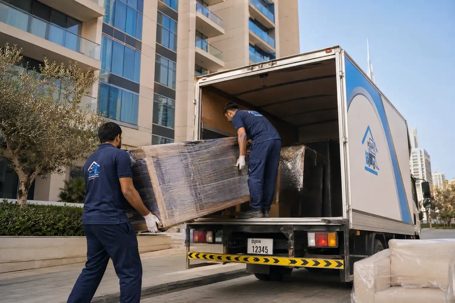 Licensed movers loading furniture into a branded truck outside a Dubai residential tower