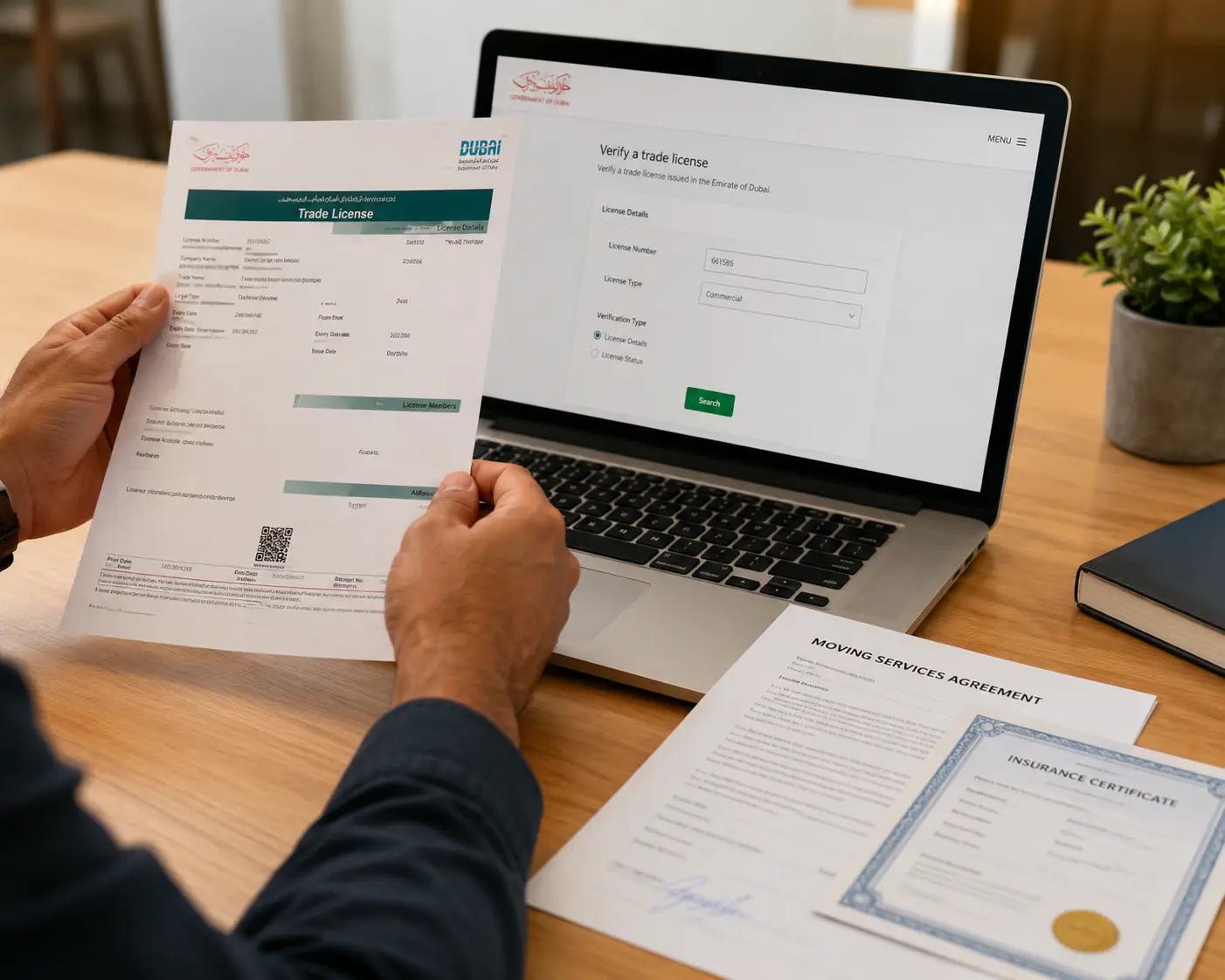 Checking a Dubai moving company license and insurance certificate before booking