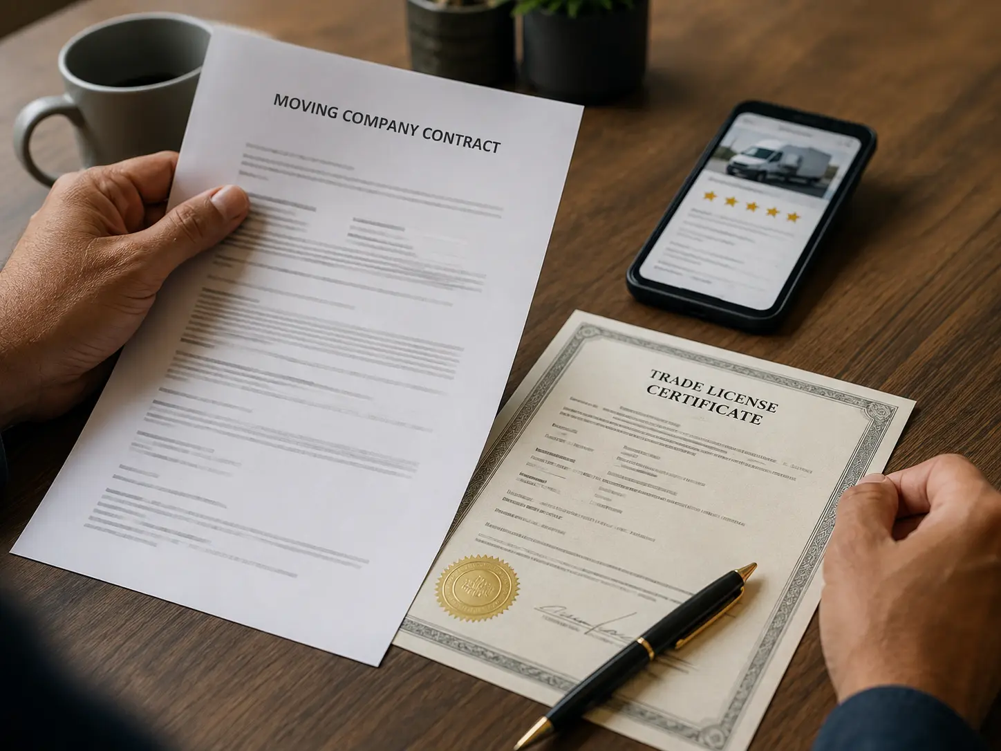 Person reviewing a moving company contract and trade license before booking a mover in Dubai
