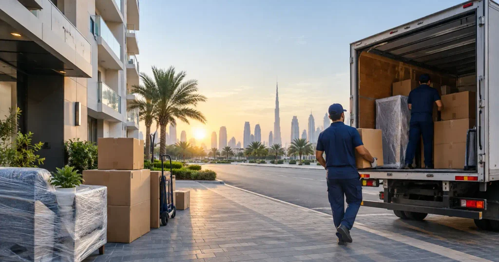 Movers loading a truck early morning in Dubai to avoid summer heat